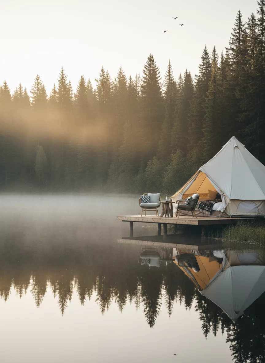 Luxurious glamping tent near a calm lake surrounded by dense pine forest, morning mist, warm cozy atmosphere, no text