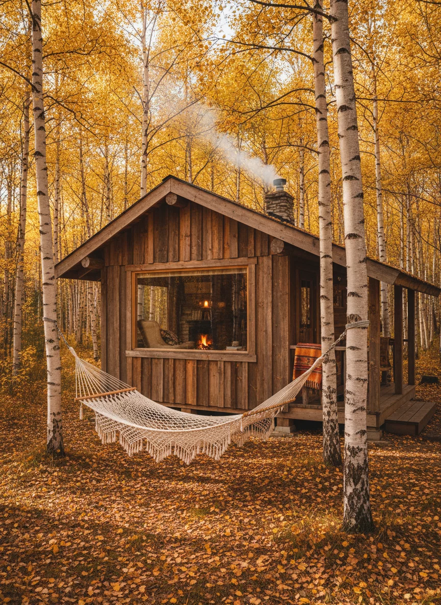 Wooden cabin retreat in birch forest with hammock outside, autumn golden leaves, peaceful and secluded, no text