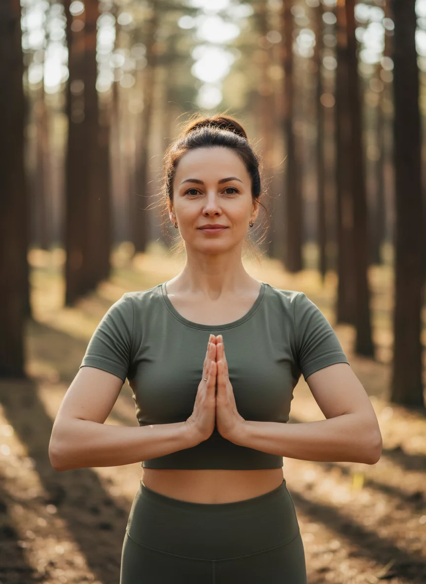 Portrait of a Russian woman in her thirties, yoga instructor, calm and serene expression, natural clothing, outdoor forest background, no text