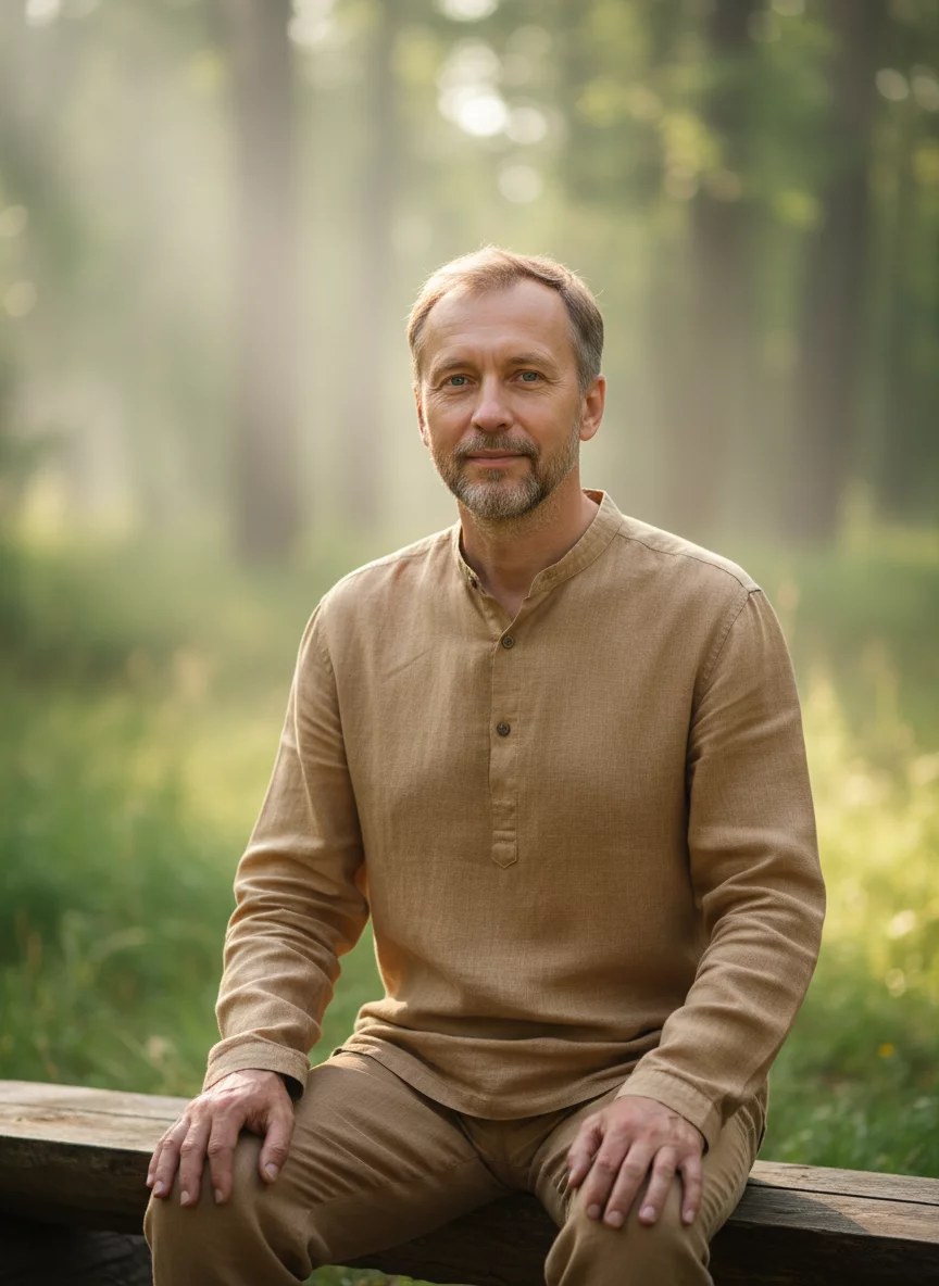 Portrait of a Russian man in his forties, meditation teacher, calm wise expression, simple natural clothing, outdoor setting, no text