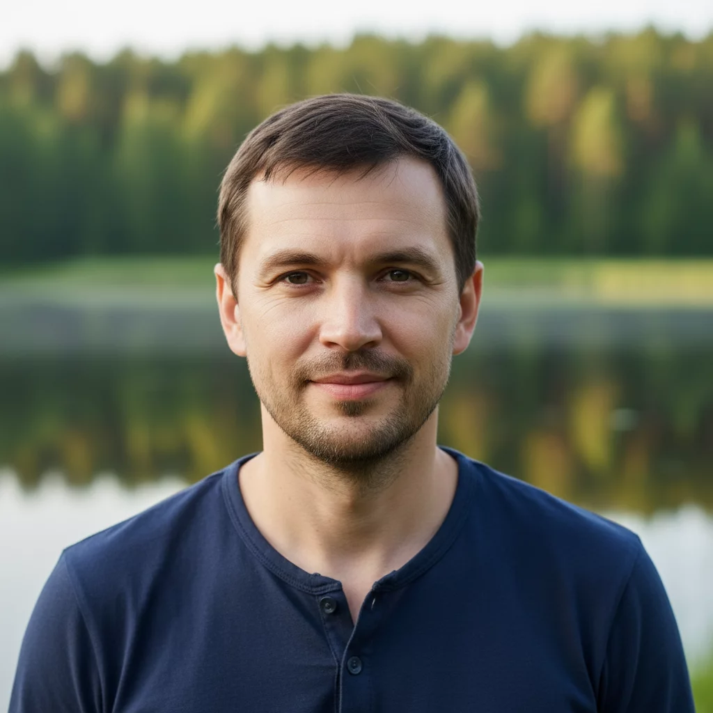 Portrait of a Russian man in his thirties with short dark hair, casual style, friendly expression, outdoor setting, no text